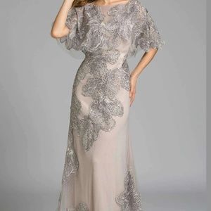 LARA Silver Lace-Appliqué Champagne Evening Gown